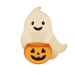 Cute Halloween ghost holding a pumpkin basket for trick-or-treating. Perfect for spooky-themed designs, party invitations, and seasonal decorations.
