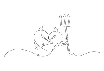 Minimalist Continuous one line drawing of a devilish heart with horns, tail, and a trident, symbolizing toxic love or a mischievous side of affection. Vector Editable stroke