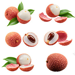 lychee, fresh lychee fruit, whole lychee with leaves, sliced lychee, lychee cross-section, close-up of lychee
