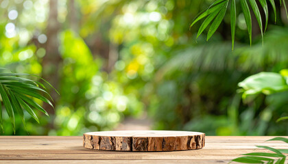 Wooden Podium in Tropical Forest with Lush Green Background for Natural Product Presentation