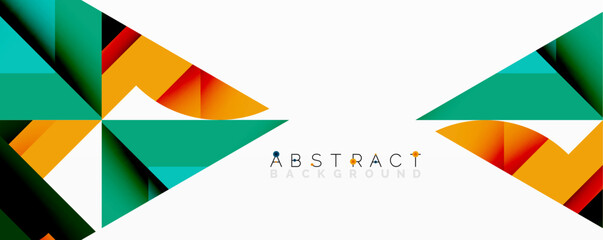 Modern abstract design features overlapping geometric shapes. Teal, orange, red hues create dynamic visual effect. Clean white space balances composition.