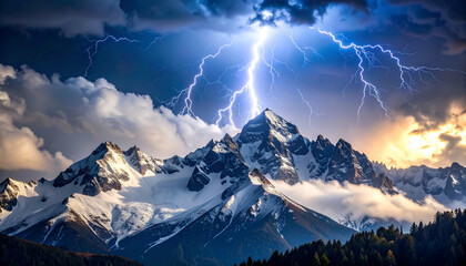 Lightning Storm over Snowy Peaks.
