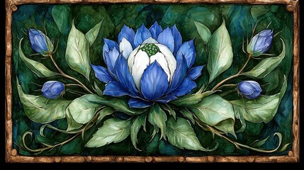 Blue Lotus Flower Watercolor Painting with Green Leaves