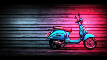 Blue Scooter with Neon Lighting Against Dark Wood Background