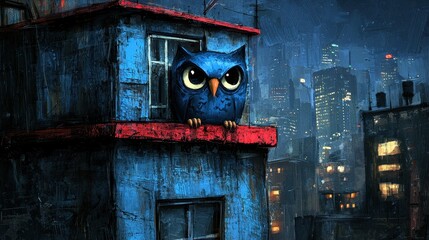 Blue Owl on Weathered Rooftop in Rainy City at Night