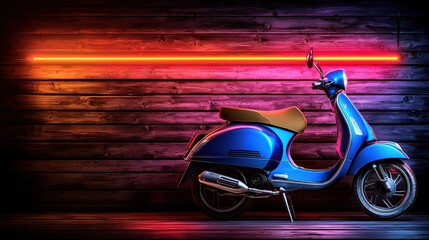Blue Scooter with Orange Neon Light Against Dark Wooden Wall