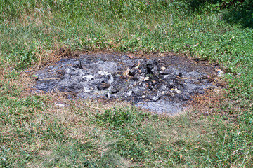 A burnt pile of garbage in a clearing with grass. Environmental pollution.