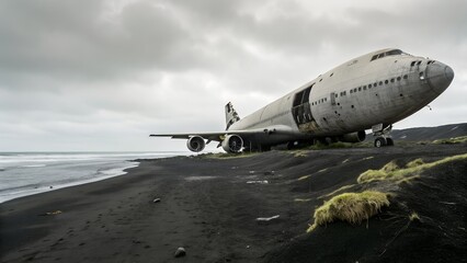 Abandoned Boeing 747 Plane Wreckage on Remote Black Sand Beach: A Forgotten Giant on a Desolate Coastline Under a Grey Sky