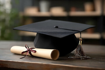 A classic black graduation cap rests beside a rolled diploma tied with a ribbon, symbolizing achievement and the transition to new beginnings.