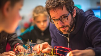 Focused engineer with glasses working on complex circuit board with students