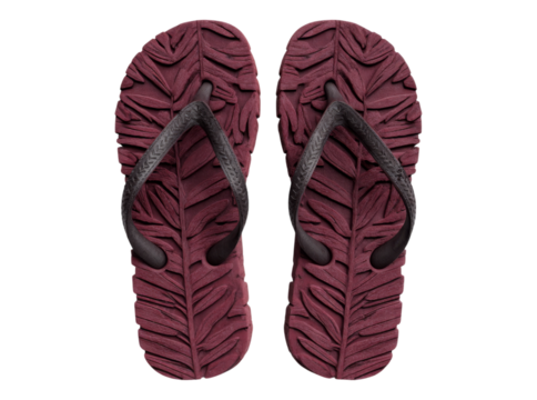 Stylish maroon flip flops with leaf pattern summer beach sandals, On Transparent Background, Png