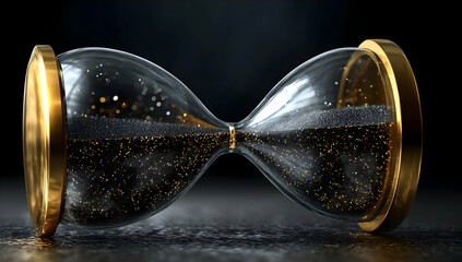 A beautifully crafted hourglass symbolizes the passage of time, featuring golden accents and shimmering sand, conveying a sense of elegance and nostalgia.