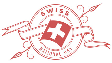 Emblematic illustration celebrating swiss national day with a red ribbon swiss flag and decorative elements