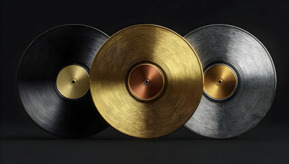 A captivating display of three vinyl records featuring black, gold, and silver finishes against a dark background, perfect for music lovers and collectors.