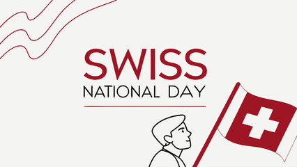 Celebrate swiss national day with a person holding the swiss flag and festive wavy lines in a minimalist design
