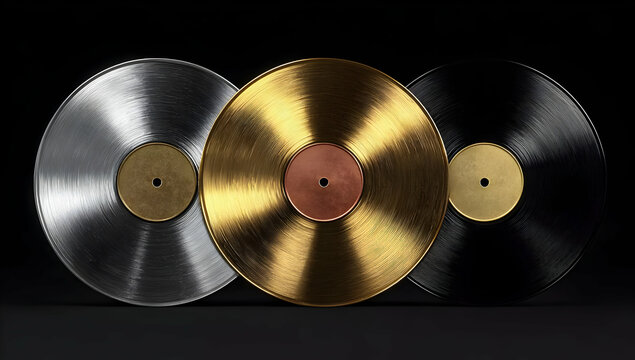 A captivating display of three vinyl records showcasing different colors and finishes. Perfect for music lovers and enthusiasts of vintage sound.
