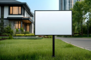 Fototapeta premium A blank sign stands on the lush green lawn in front of a modern house, reflecting the serene environment and potential for various messages.