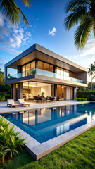 Fototapeta premium Modern villa with tropical pool, and sunset.