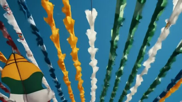 Colorful prayer flags with blue sky.