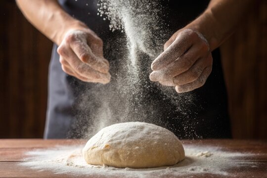 Hands sprinkling flour over freshly kneaded dough on a wooden table in a cozy kitchen