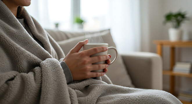 Cozy Morning Woman Wrapped in Blanket Enjoying Hot Drink at Home for Serene Relaxation and Comfort