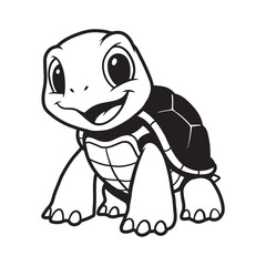 Cute Baby Turtle, Cartoon Tortoise Clipart, Smiling Sea Turtle Vector, Animal Line Art Illustration, Black and White Turtle Drawing