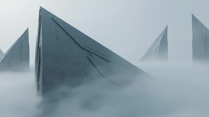 Abstract Geometric Structures Emerging from Fog: A Minimalist Landscape. - Powered by Adobe