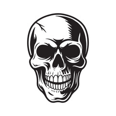 Skull Head Vector, Human Skull Illustration, Horror Skull Clipart, Black and White Skull Drawing, Grunge Skull Tattoo Design