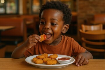 Happy young African boy eating chicken nuggets with ketchup at a restaurant table. Colorful indoor setting with fast food, childhood joy, and casual dining concept