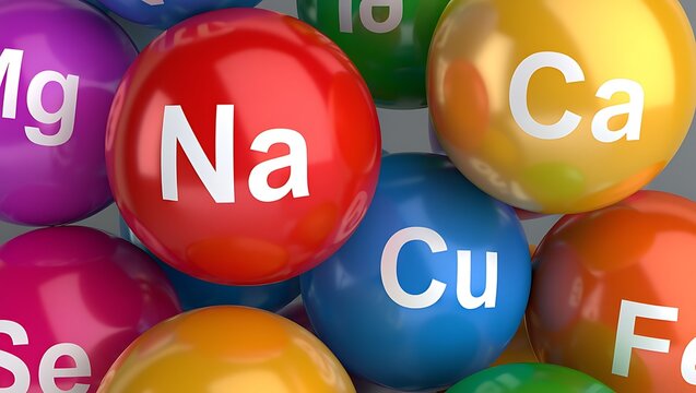 Colorful spheres displaying essential minerals Na Ca Mg Cu Fe Se - Powered by Adobe