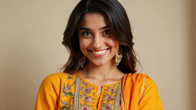 A beautiful Indian woman smiles warmly into the camera, dressed in a traditional Patiala salwar suit against a clean, isolated background in stunning 4k footage.