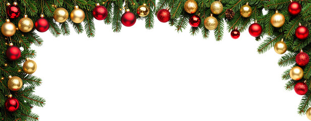 Top Corner Christmas Tree Branch Frame with Red Baubles Transparent Background PNG