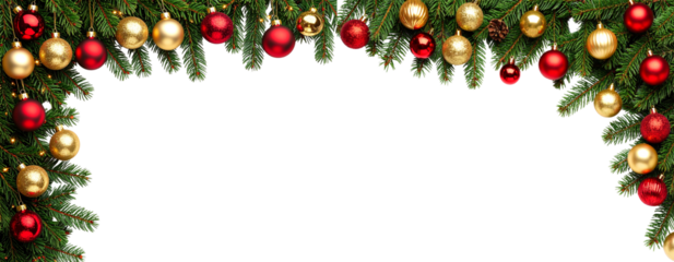 Top Corner Christmas Tree Branch Frame with Red Baubles Transparent Background PNG