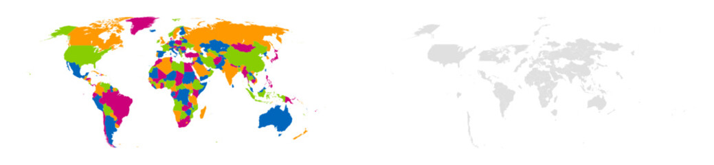 Obraz premium Set of two world maps one colorful political map with country borders and one grayscale version. Flat vector style, ideal for global infographics, presentations, and educational use.