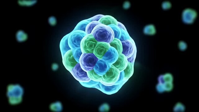 Animated Visualization of a Cell Dividing with Bright Colors and Dynamic Movement in a Scientific Laboratory Setting