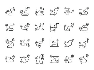 "Roadmap and Navigation Line Icons Set Featuring Location Pins, Dotted Paths, Arrows, Strategic Directions, and Route Planning Symbols for UI, UX, and Map Design"