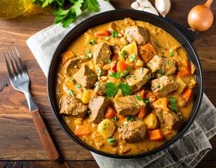 A skillet of Brazilian Beef Stroganoff, a creamy and savory meat dish, ready to be served.