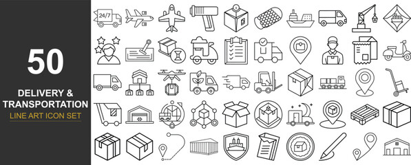 Line Art Vector Icon Set of 50 Logistics and Delivery Elements — Transport, Courier Services, Warehousing, Tracking Systems, Packaging, and Freight Tools for Commercial Use