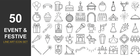 Party Icon Bundle – 50 Minimal Line Art Vector Illustrations Featuring Event Supplies, Decorations, and Celebration Elements