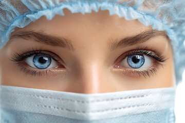 Close up of a female doctor's eyes, wearing a surgical mask and cap.