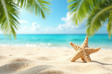 Fototapeta na wymiar Tropical beach with sea-star in sand, copyspace for text. Concept of summer relaxation. 3d rendering.