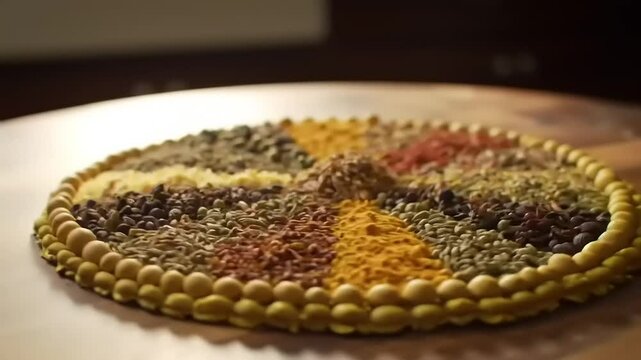 Colorful Spices Circle on Wood Table.