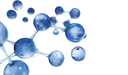 Obraz premium 3D rendering of blue glass-like water molecules with human body outline on white background, featuring shiny droplets and abstract technology-inspired science concept
