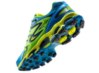 Vibrant green and blue trail running shoe closeup, On Transparent Background, Png