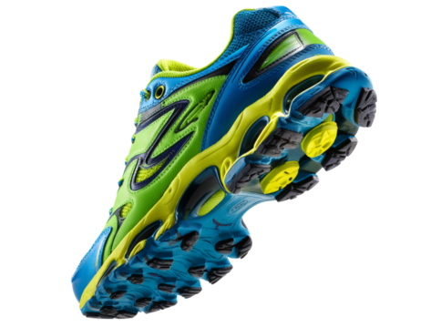 Vibrant green and blue trail running shoe closeup, On Transparent Background, Png