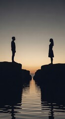 Two Silhouettes Facing Each Other on Rocky Outcrops Above Calm Water During Sunset Sky Gradient
