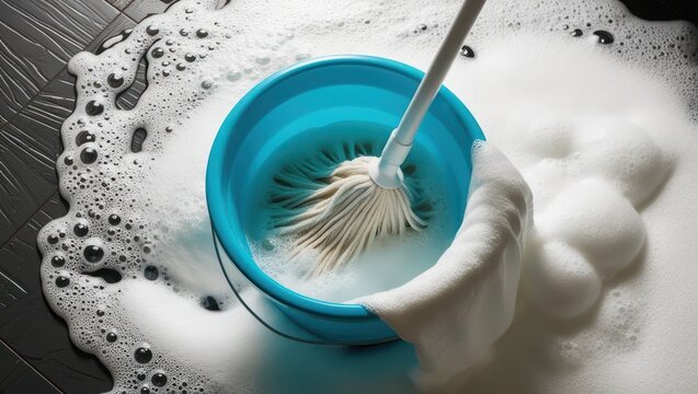 A blue bucket overflowing with soapy water and a mop, creating a cleaning mess on a dark floor.