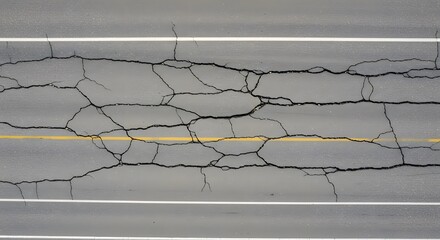 Cracked asphalt road surface aerial view with road markings and yellow line for road safety design
