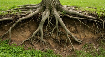 Fototapeta premium Tree roots system exposed in soil erosion showing root structure and growth near green grass field