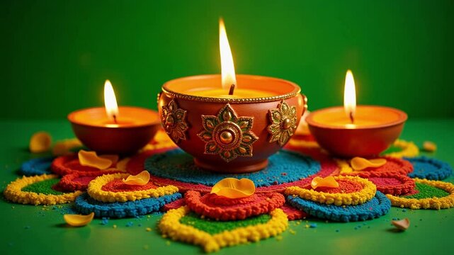 Diwali celebration sparkles with lit candles and colorful rangoli patterns set against a vibrant green screen in stunning 4k resolution.
